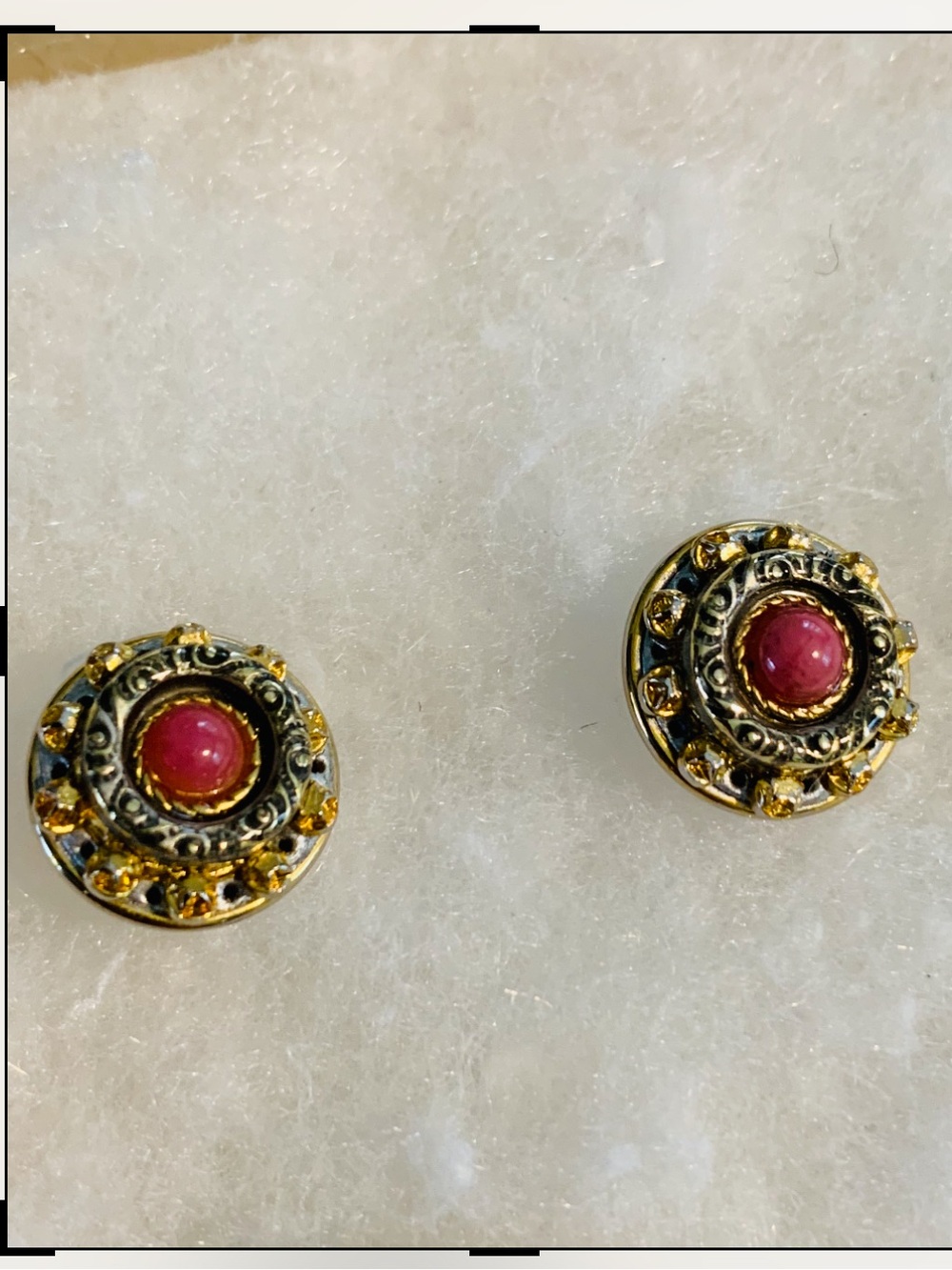 Gold-Tone Pink Cabochon Round Earrings